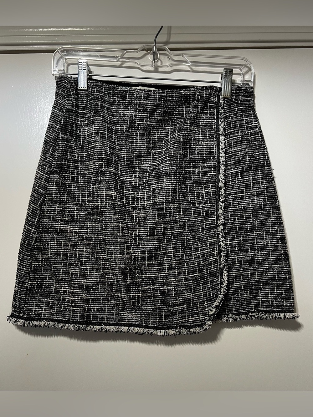 Max Studio Black & White Tweed Mini Wrap Skirt with Fringe Trim Size S